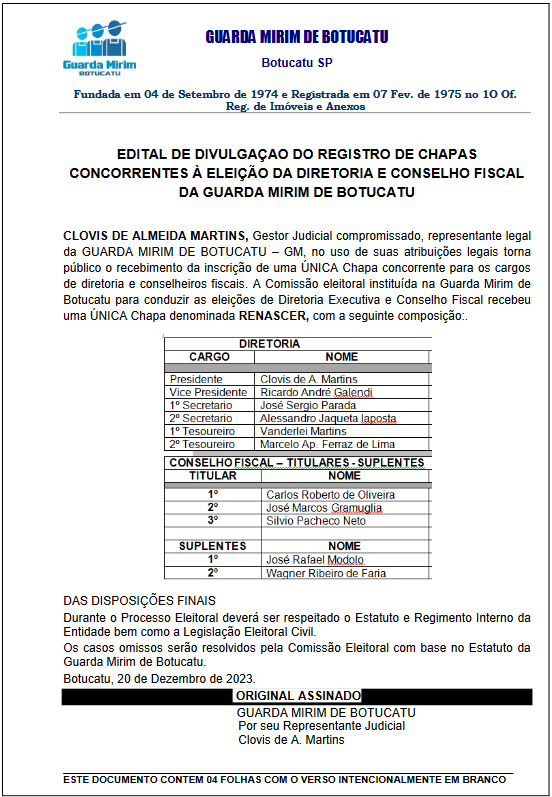 Edital de divulgação do registro de chapas concorrentes à eleição da diretoria e conselho fiscal da Guarda Mirim de Botucatu.